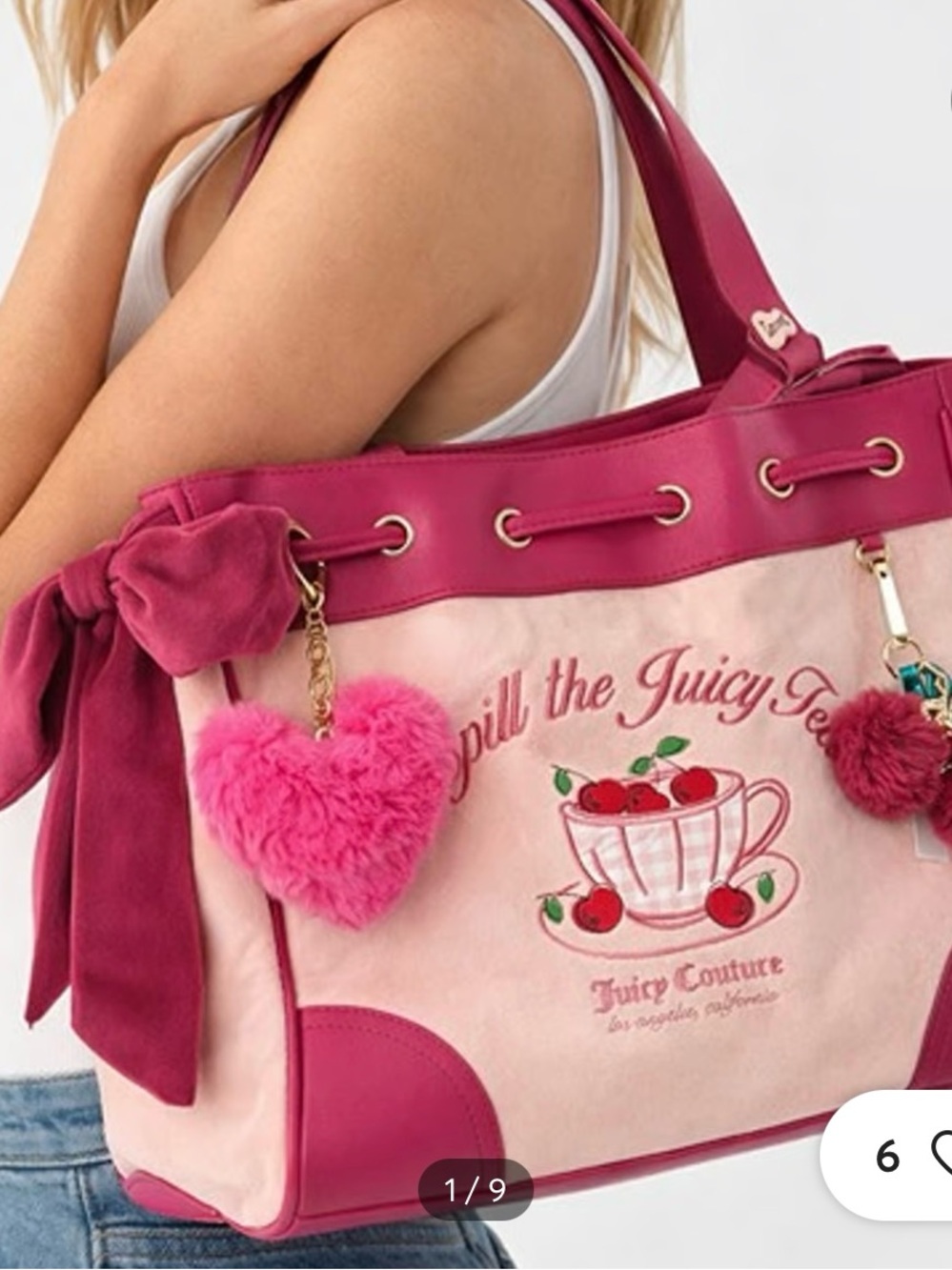 Juicy Couture Pink & Fuchsia Tote with Cherry Charm and Embroidered Cup NWT